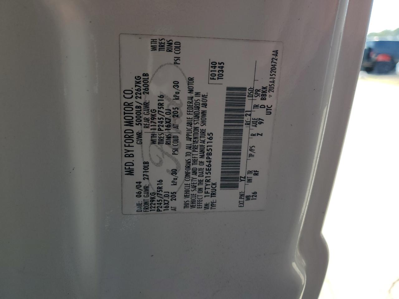 2004 Ford Ranger Super Cab VIN: 1FTYR15E64PB51165 Lot: 94043225