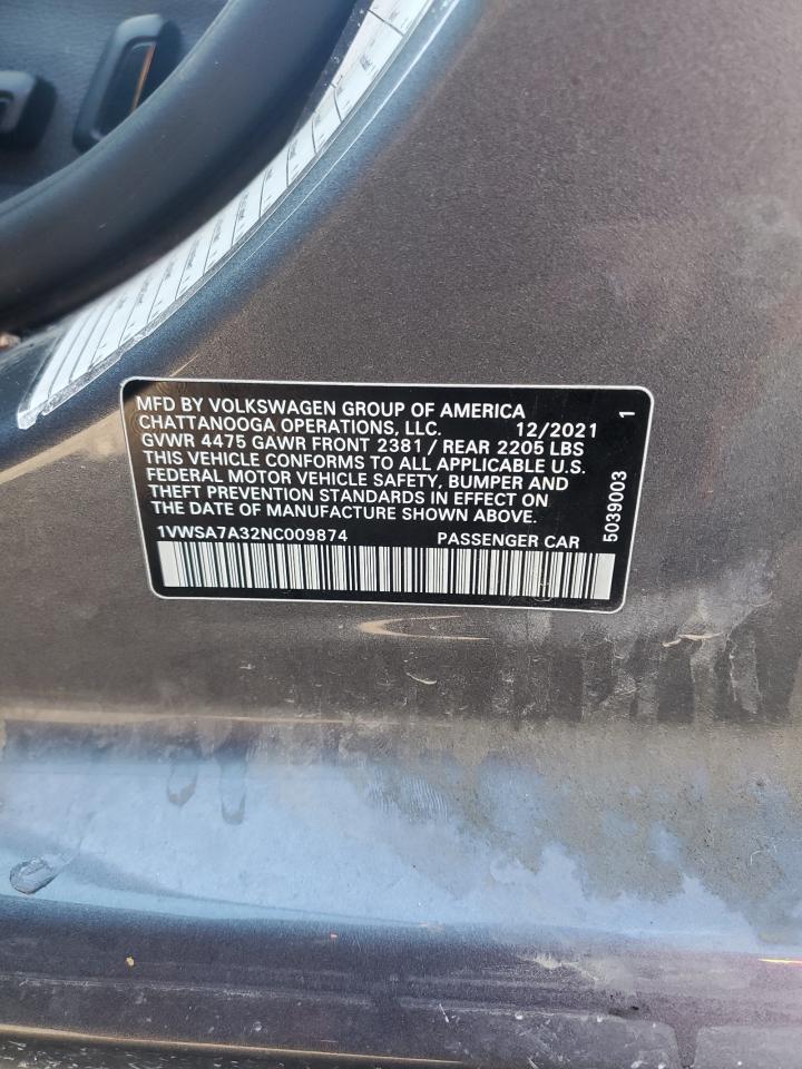 2022 Volkswagen Passat Se VIN: 1VWSA7A32NC009874 Lot: 70339055