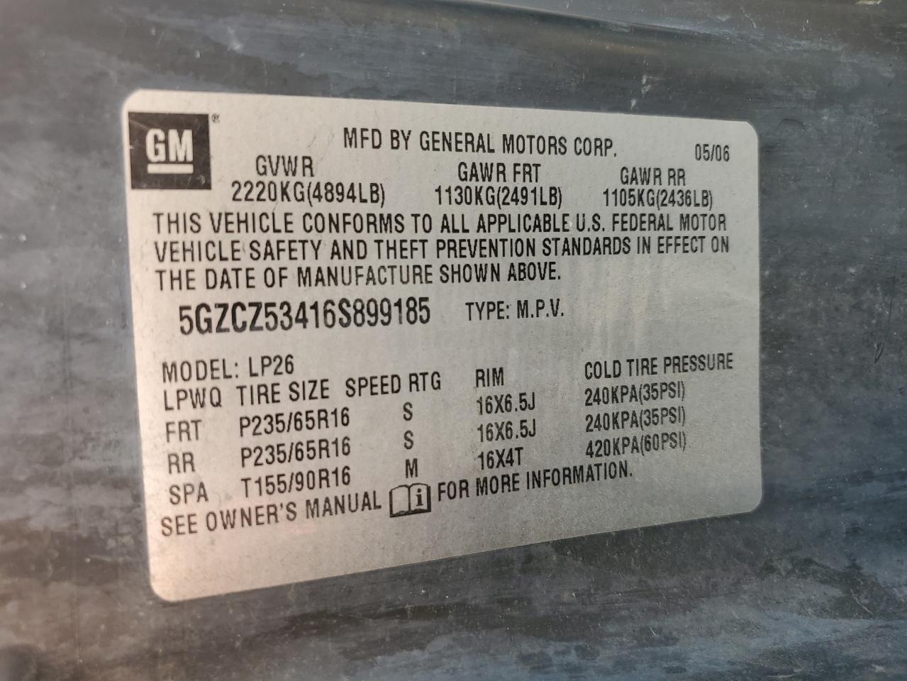 2006 Saturn Vue VIN: 5GZCZ53416S899185 Lot: 68975575