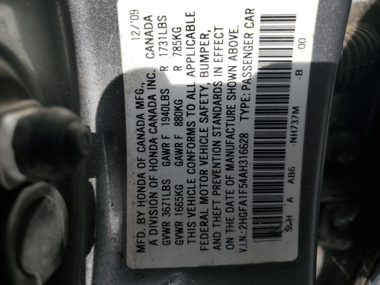 2010 Honda Civic Lx VIN: 2HGFA1F54AH316628 Lot: 69696185