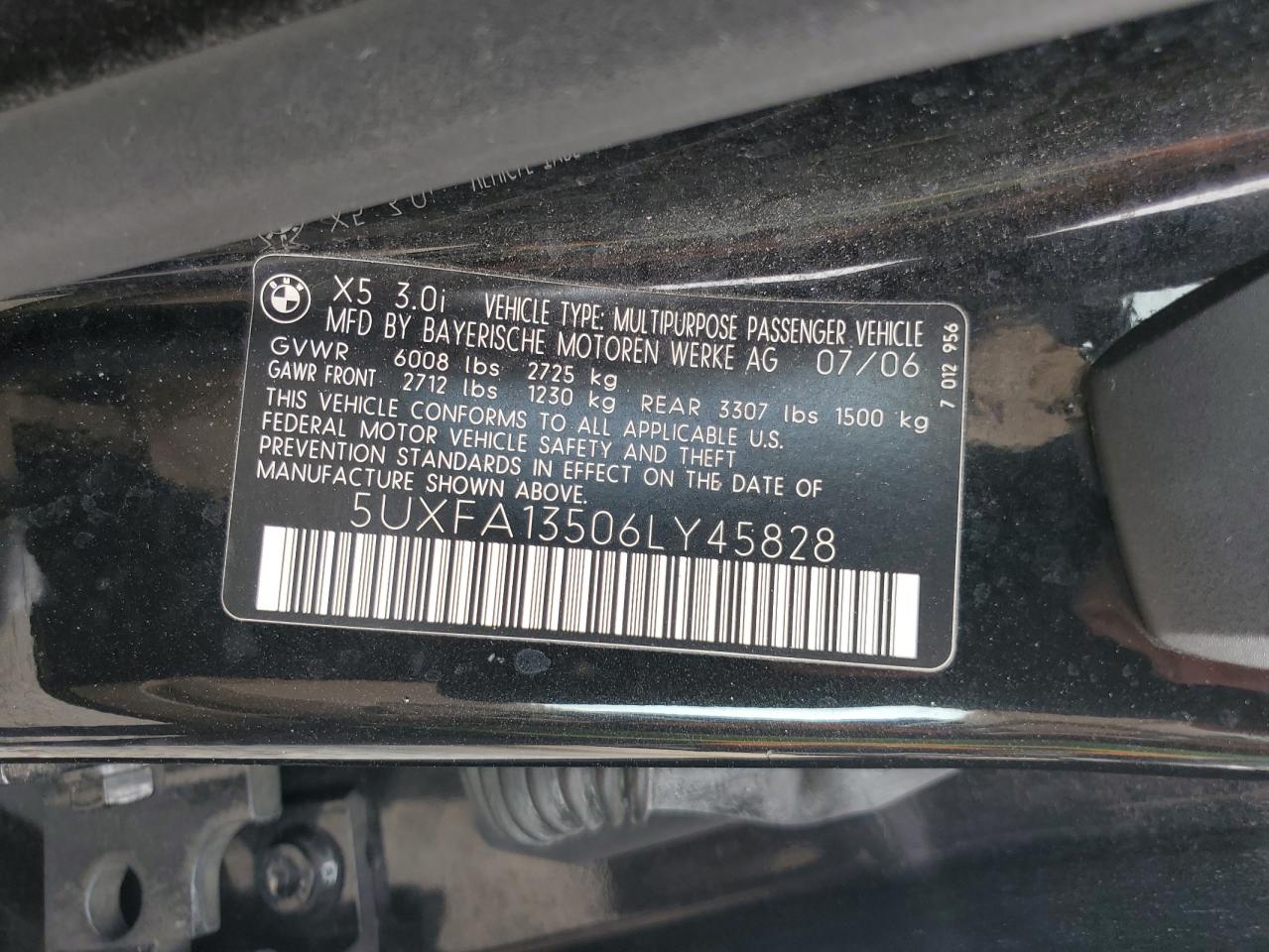 2006 BMW X5 3.0I VIN: 5UXFA13506LY45828 Lot: 69556875