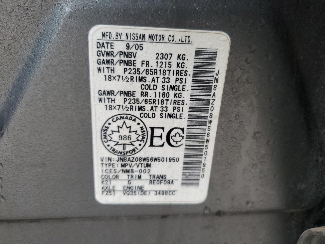 JN8AZ08W56W501950 2006 Nissan Murano Sl