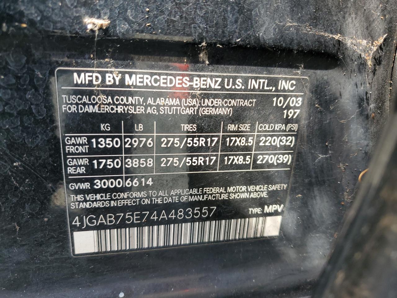 2004 Mercedes-Benz Ml 500 VIN: 4JGAB75E74A483557 Lot: 67587735