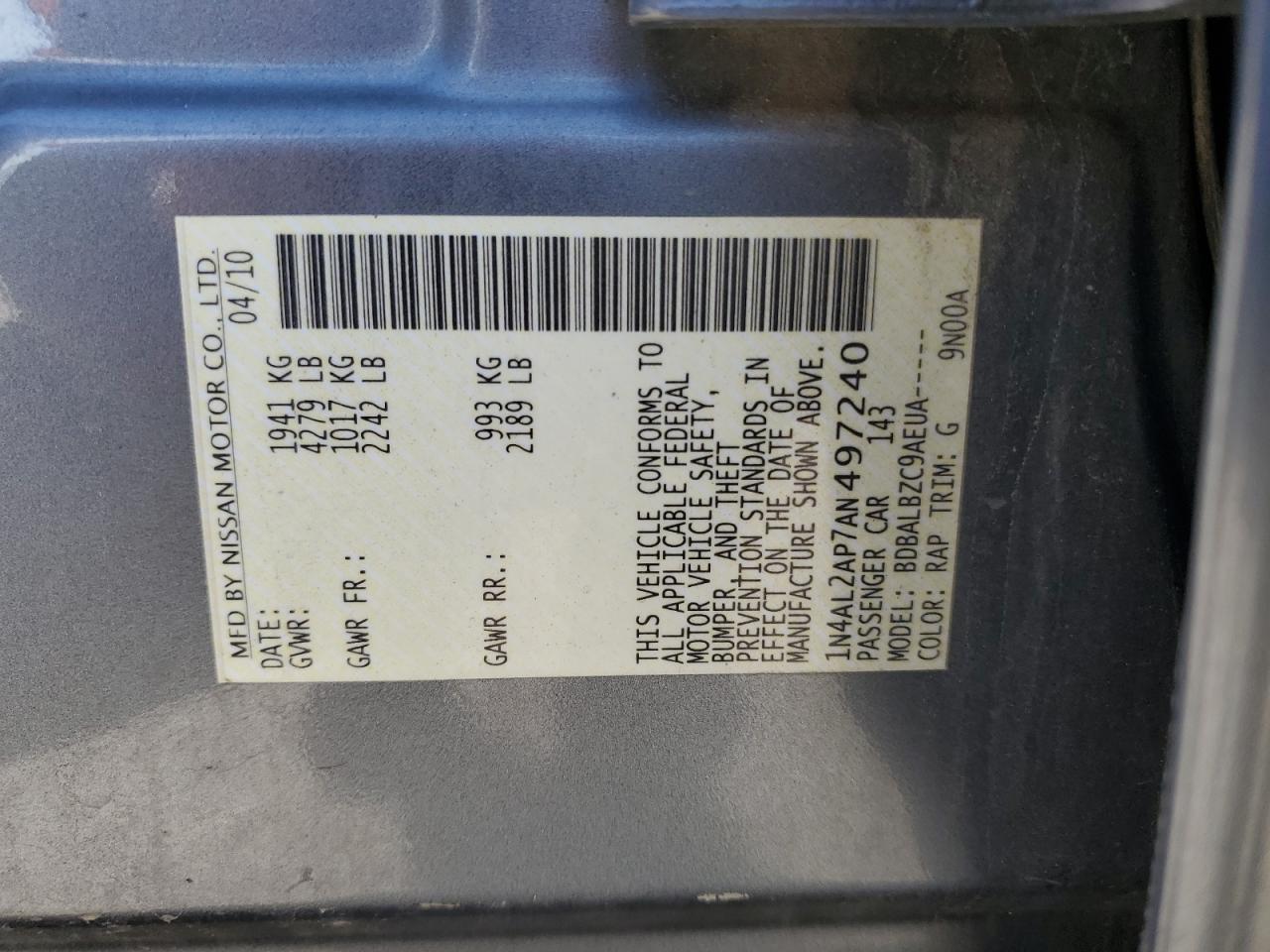 2010 Nissan Altima Base VIN: 1N4AL2AP7AN497240 Lot: 68174065