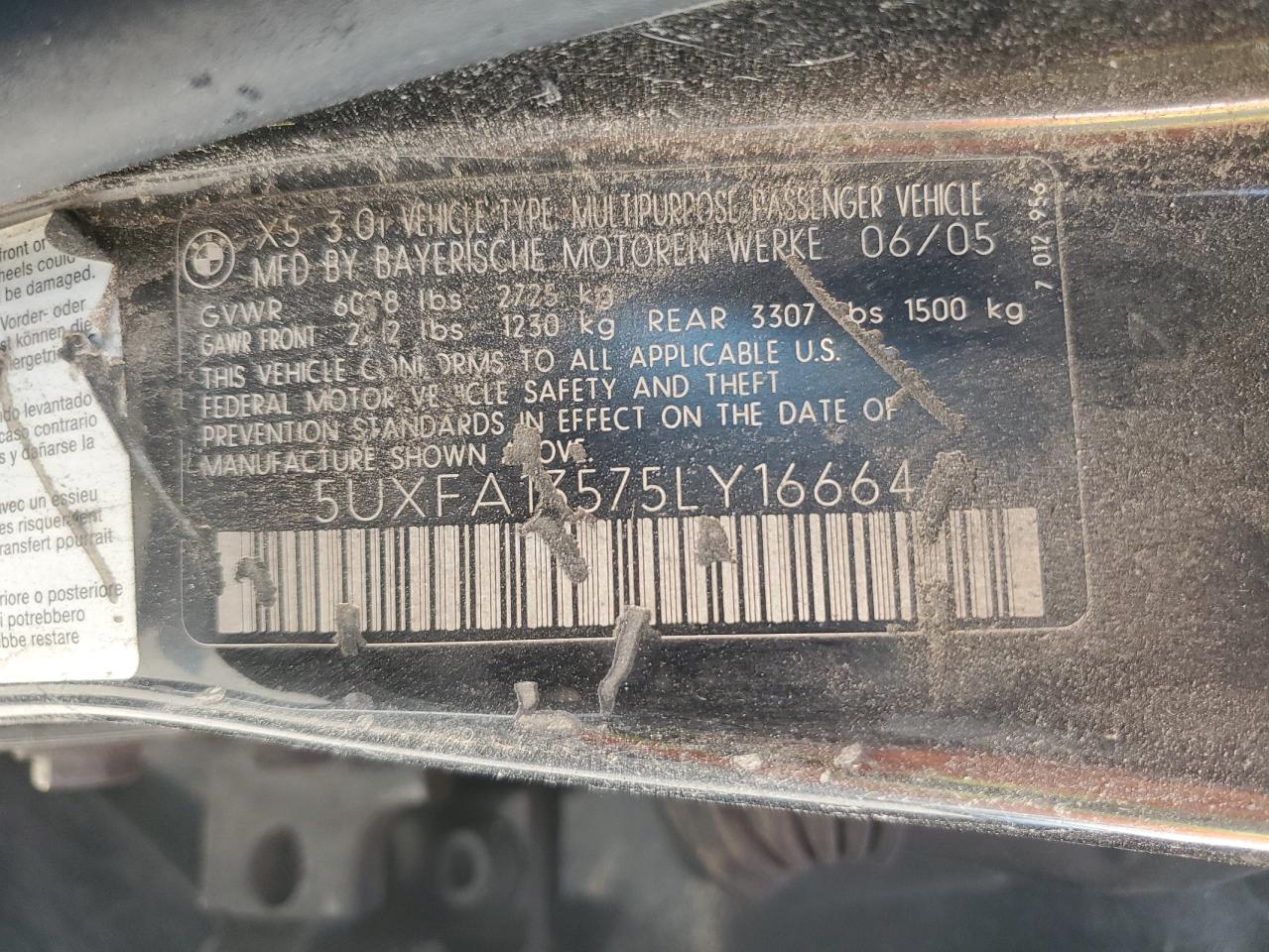 2005 BMW X5 3.0I VIN: 5UXFA13575LY16664 Lot: 67805405
