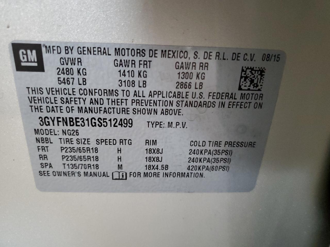 2016 Cadillac Srx Luxury Collection VIN: 3GYFNBE31GS512499 Lot: 69250805