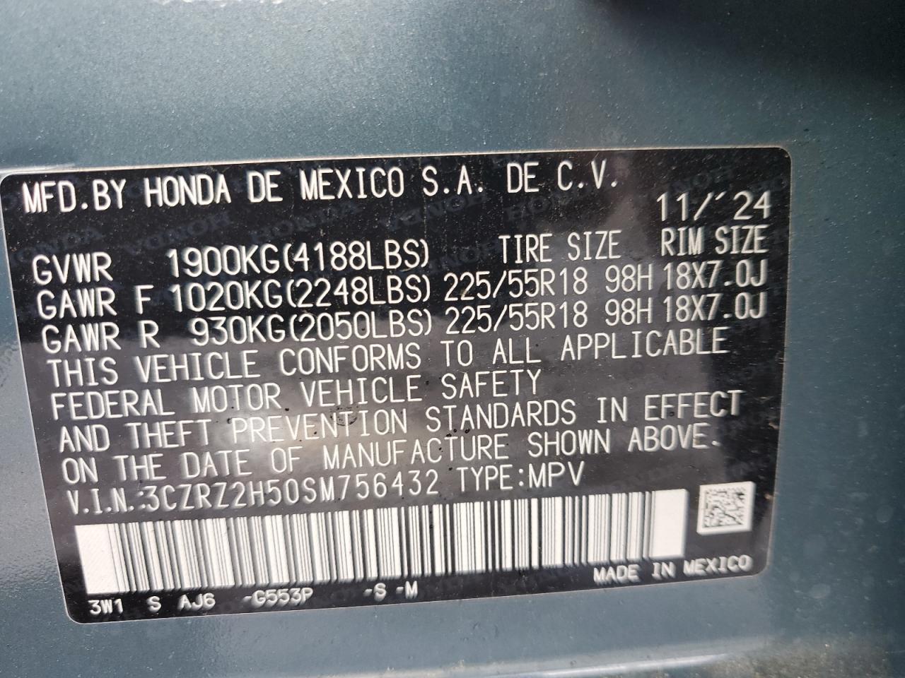 2025 Honda Hr-V Sport VIN: 3CZRZ2H50SM756432 Lot: 70199055