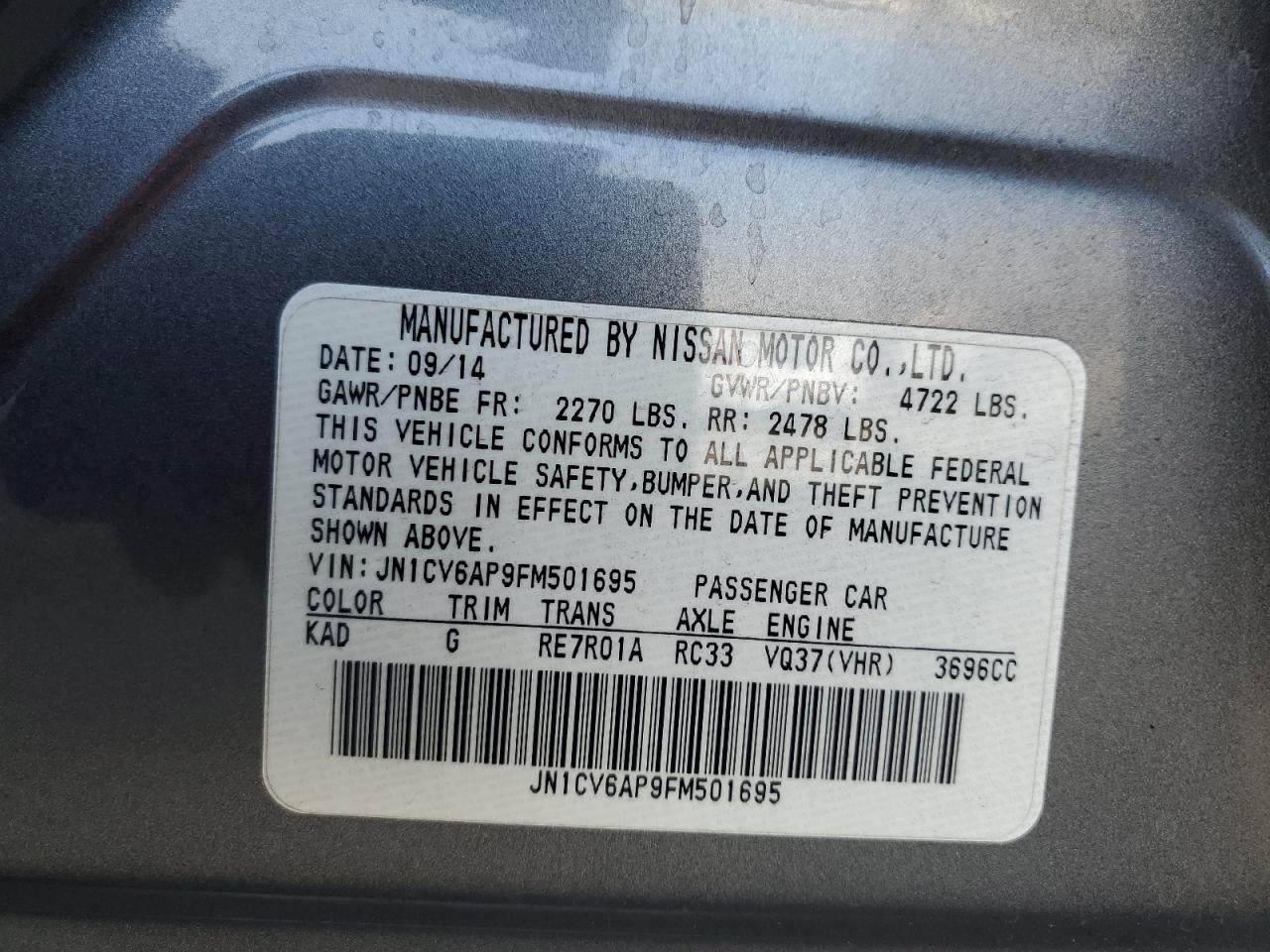 2015 Infiniti Q40 VIN: JN1CV6AP9FM501695 Lot: 68036425