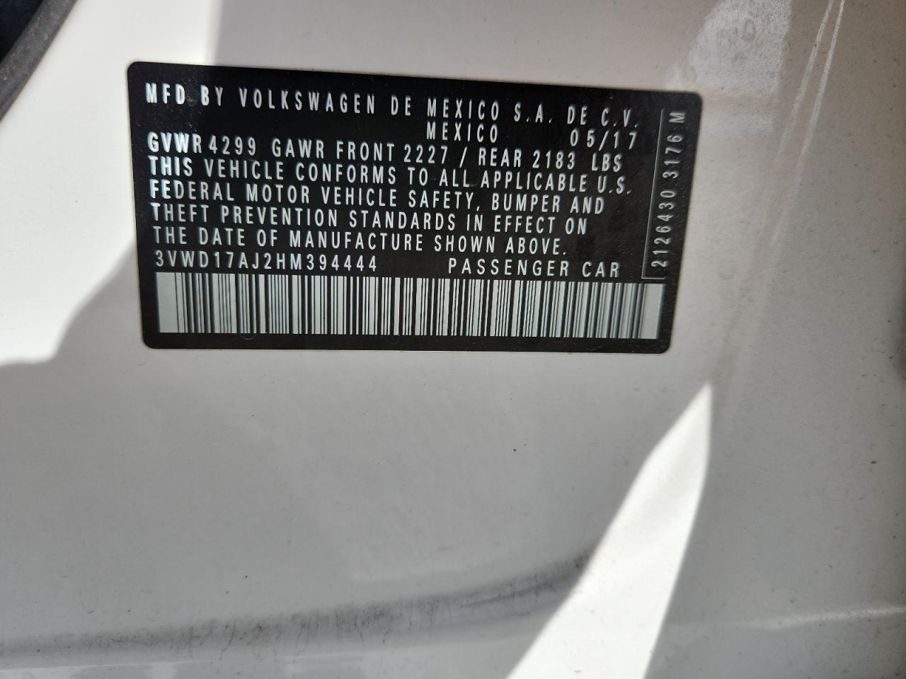 2017 Volkswagen Jetta Sport VIN: 3VWD17AJ2HM394444 Lot: 69406425