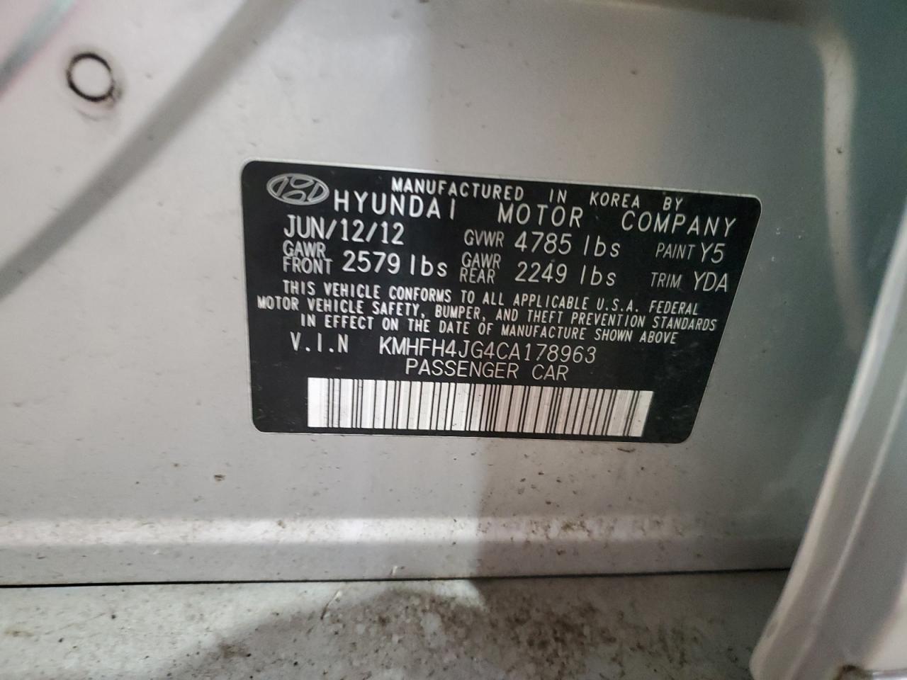 2012 Hyundai Azera Gls VIN: KMHFH4JG4CA178963 Lot: 67097185