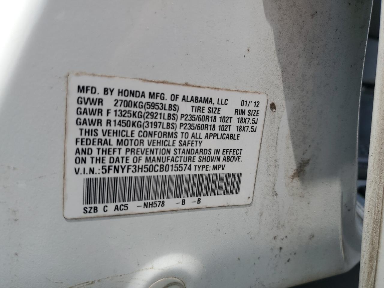 2012 Honda Pilot Exl VIN: 5FNYF3H50CB015574 Lot: 70281755