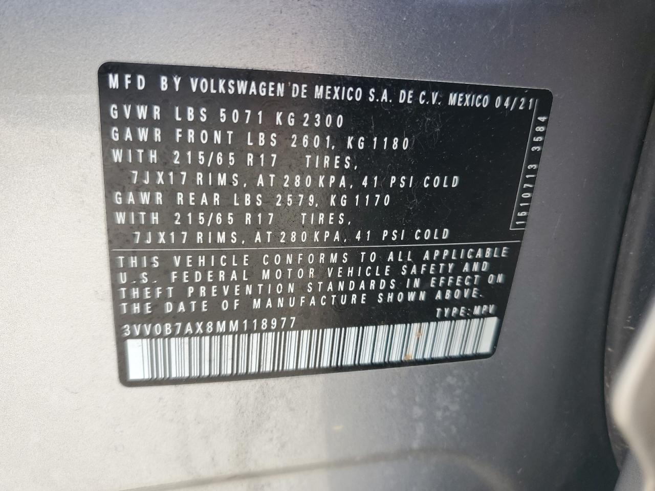 2021 Volkswagen Tiguan S VIN: 3VV0B7AX8MM118977 Lot: 68700125