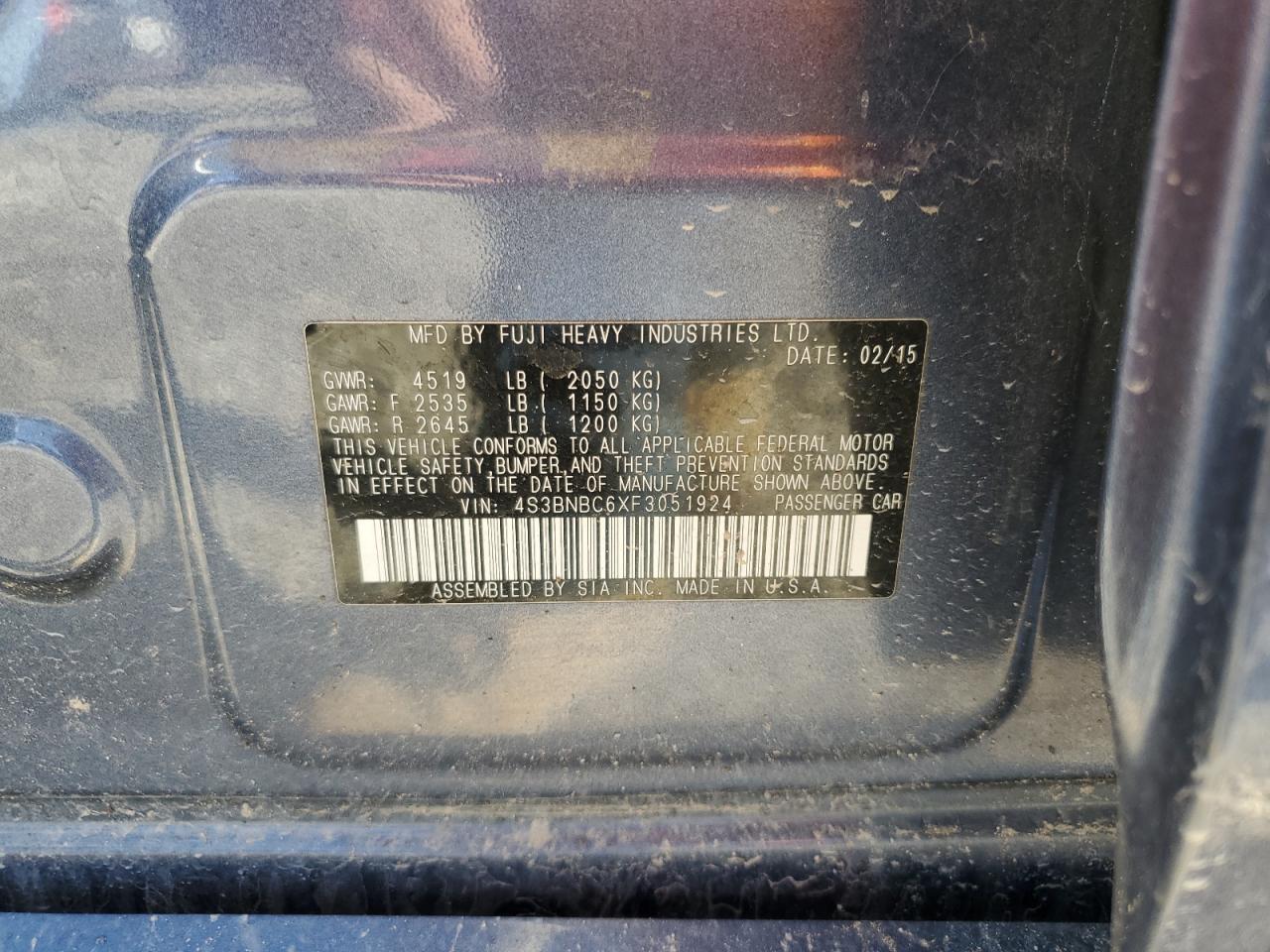 2015 Subaru Legacy 2.5I Premium VIN: 4S3BNBC6XF3051924 Lot: 69093925