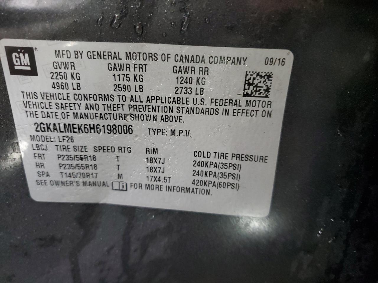 2017 GMC Terrain Sle VIN: 2GKALMEK6H6198006 Lot: 69047385