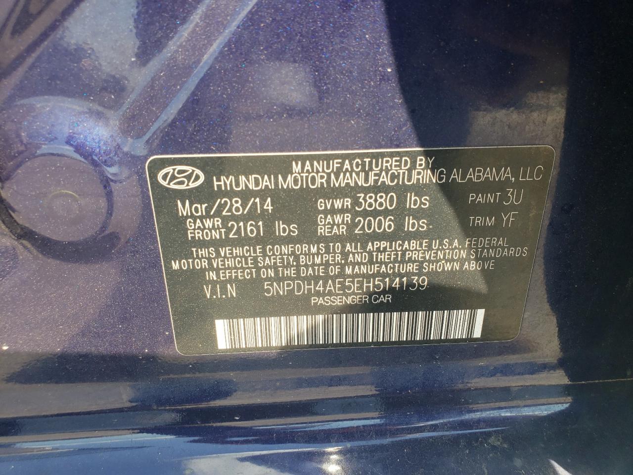 2014 Hyundai Elantra Se VIN: 5NPDH4AE5EH514139 Lot: 69280725