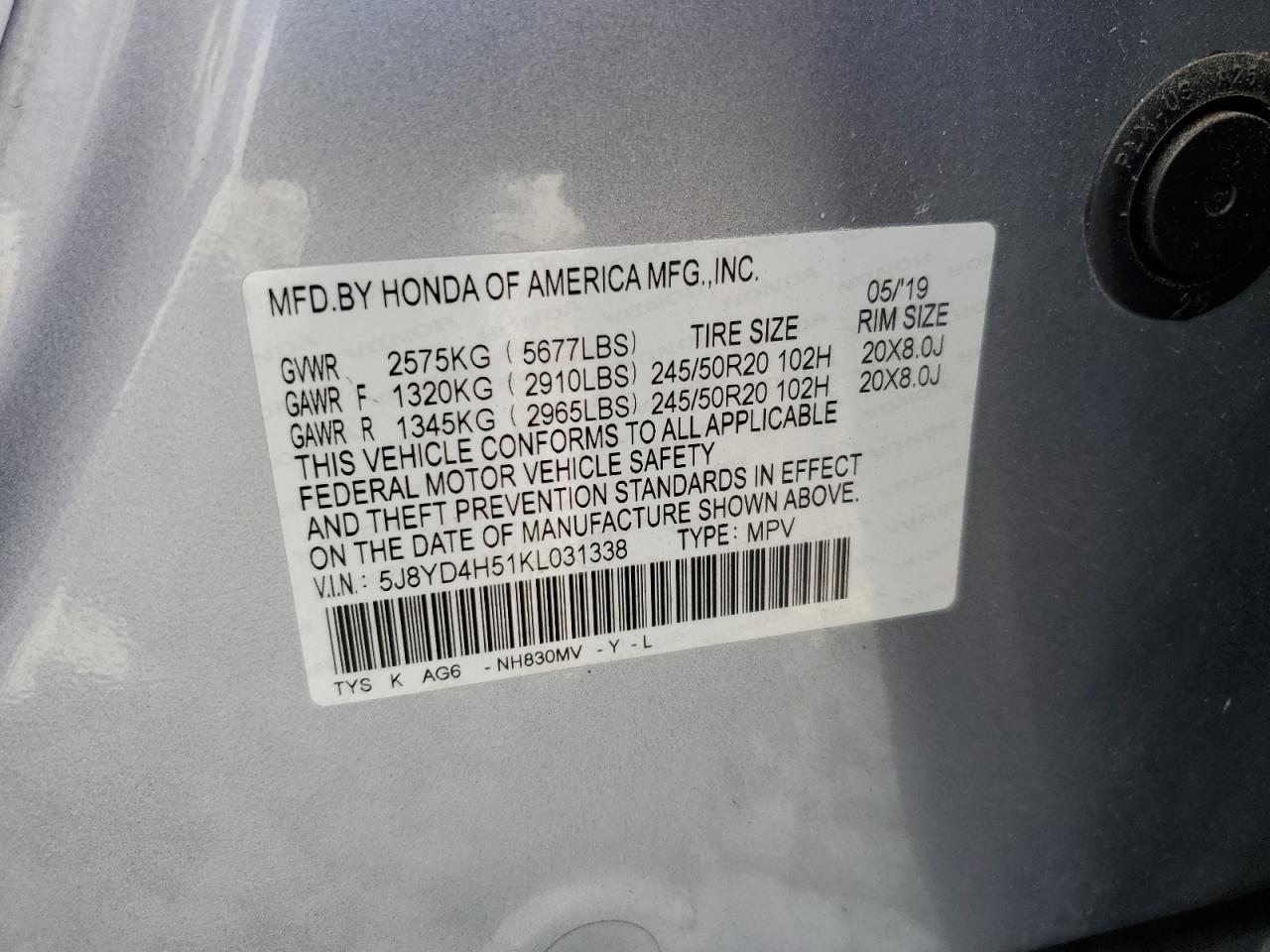 2019 Acura Mdx Technology VIN: 5J8YD4H51KL031338 Lot: 70327165