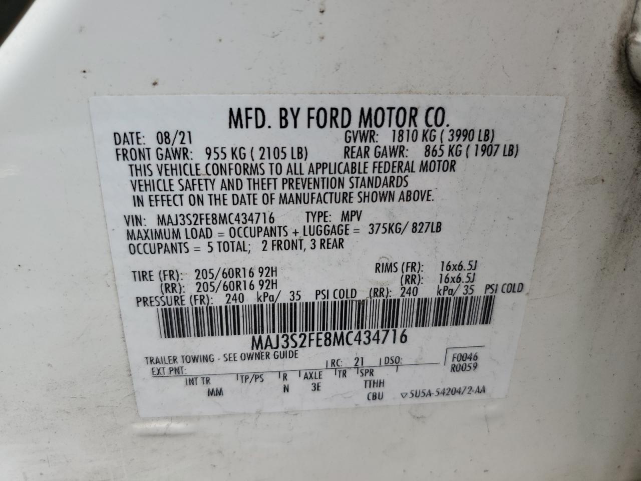 2021 Ford Ecosport S VIN: MAJ3S2FE8MC434716 Lot: 68478015