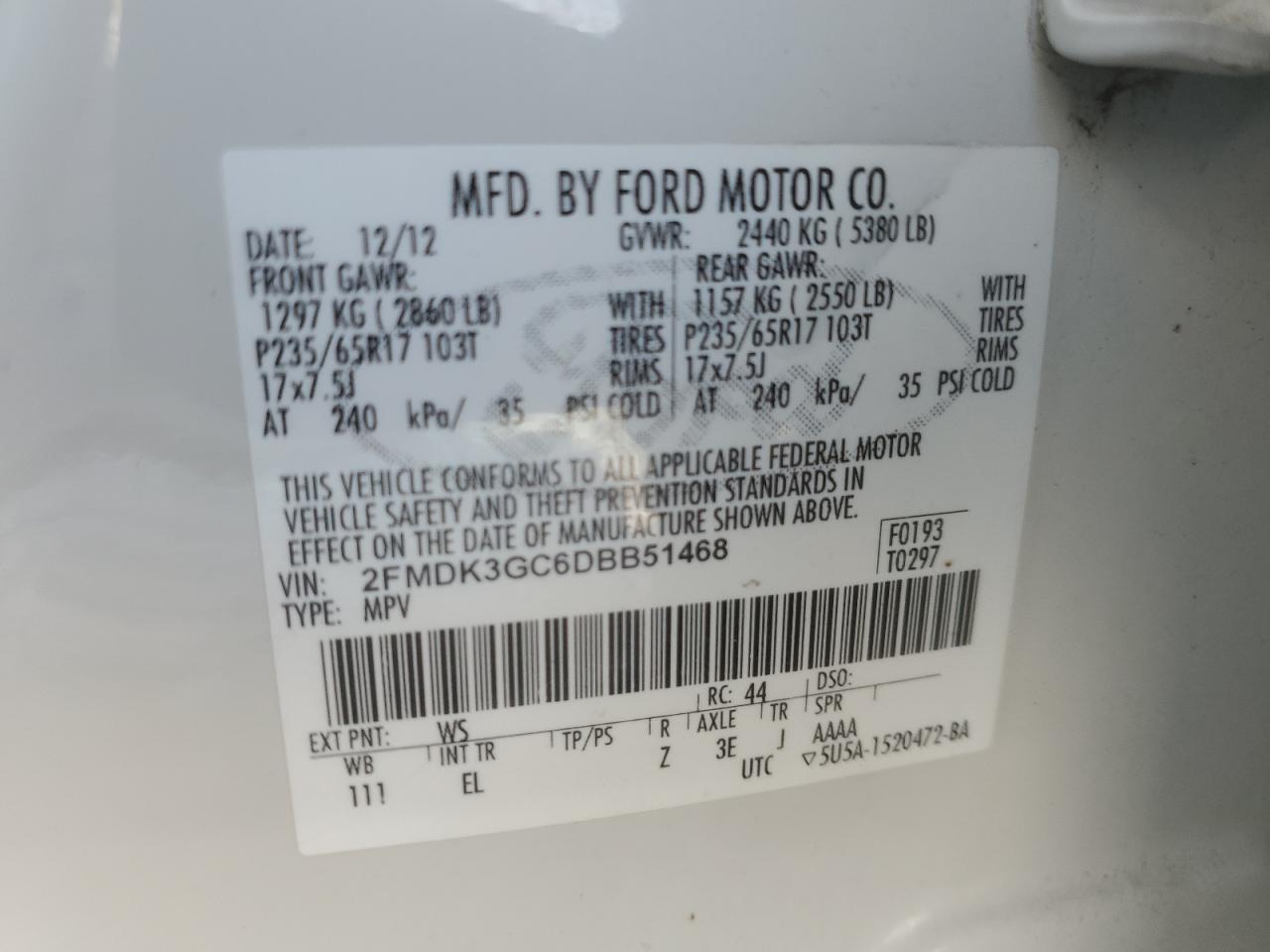 2013 Ford Edge Se VIN: 2FMDK3GC6DBB51468 Lot: 69703635