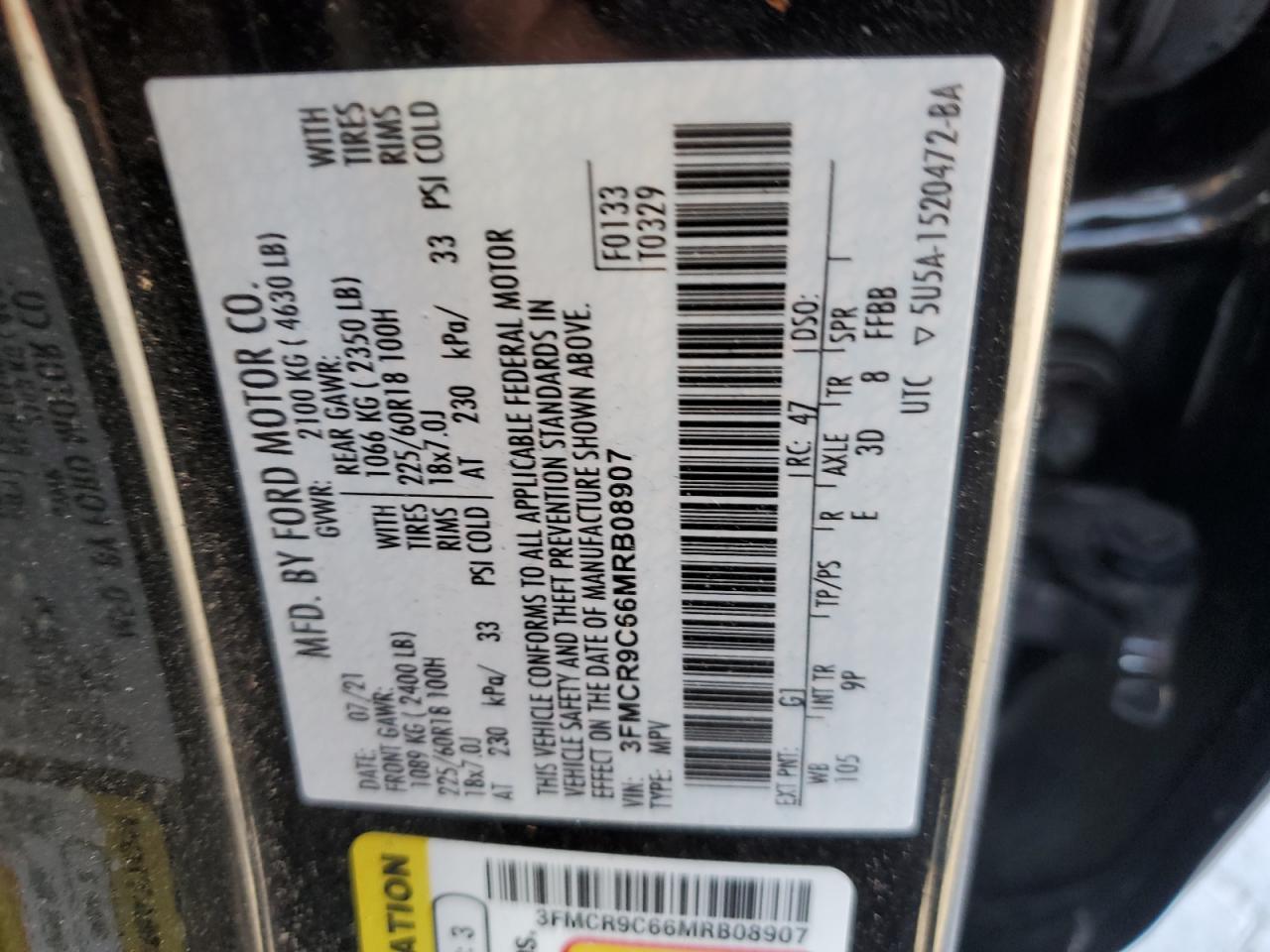 2021 Ford Bronco Sport Outer Banks VIN: 3FMCR9C66MRB08907 Lot: 70732155