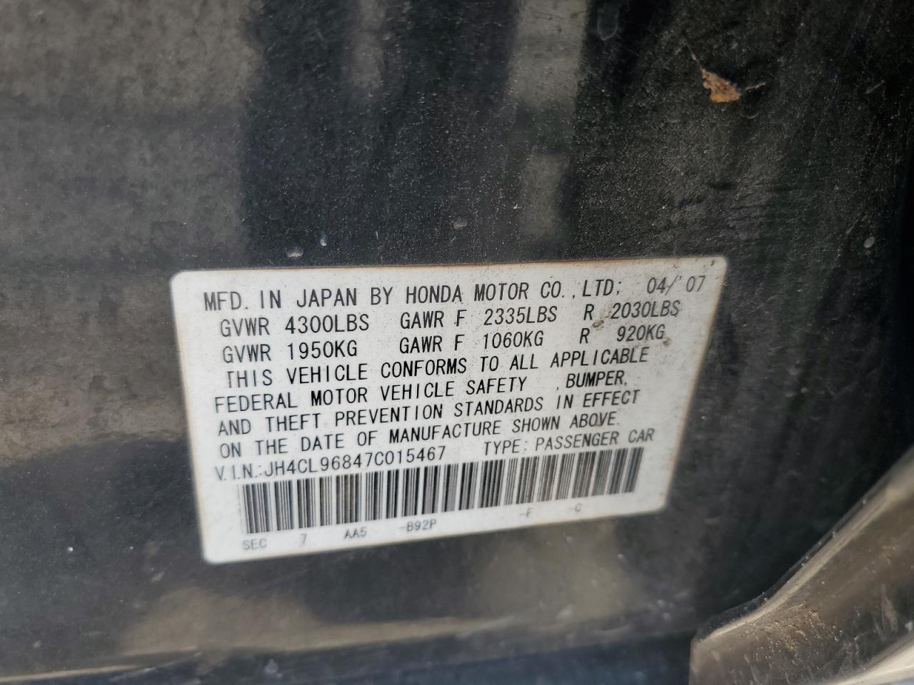 2007 Acura Tsx VIN: JH4CL96847C015467 Lot: 83925775