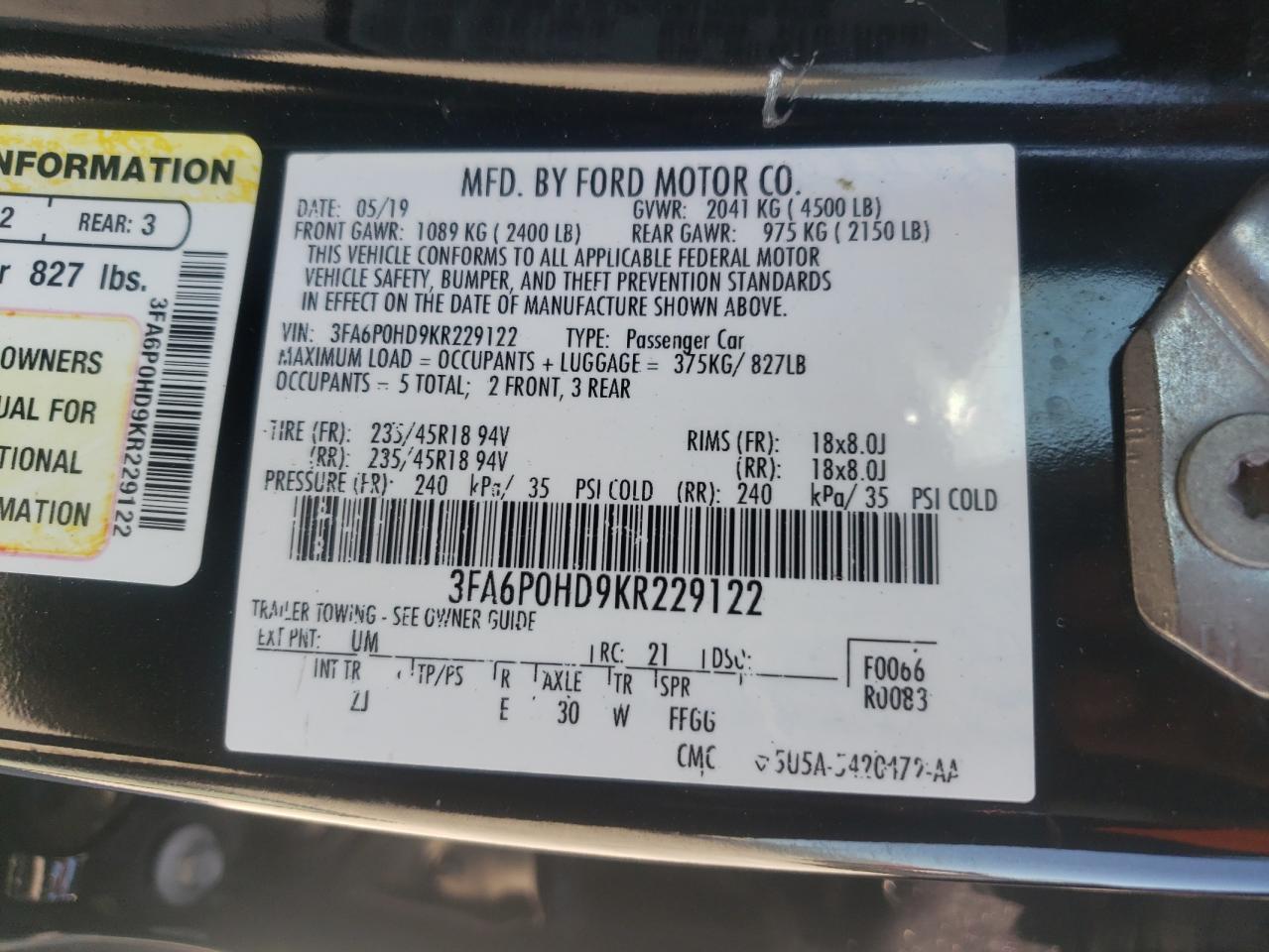 2019 Ford Fusion Se VIN: 3FA6P0HD9KR229122 Lot: 71047885