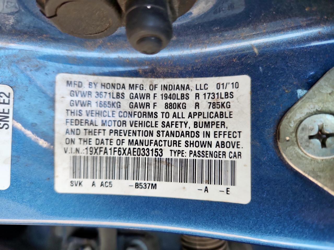 2010 Honda Civic Lx-S VIN: 19XFA1F6XAE033153 Lot: 69848465