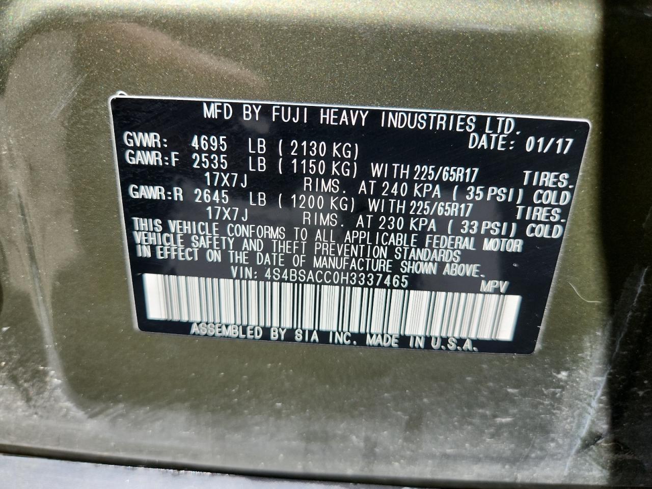 2017 Subaru Outback 2.5I Premium VIN: 4S4BSACC0H3337465 Lot: 70172235