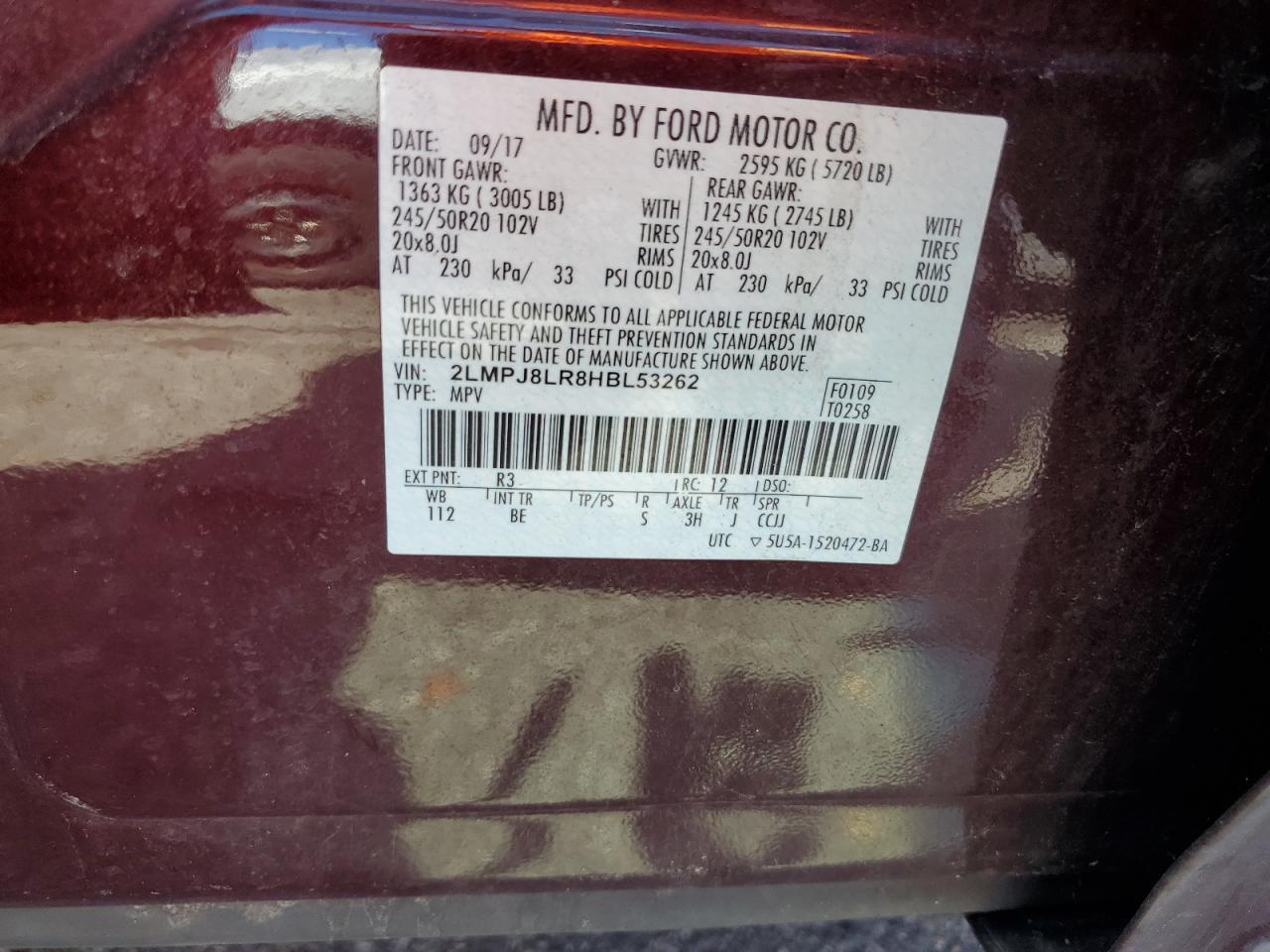 2017 Lincoln Mkx Reserve VIN: 2LMPJ8LR8HBL53262 Lot: 69739695