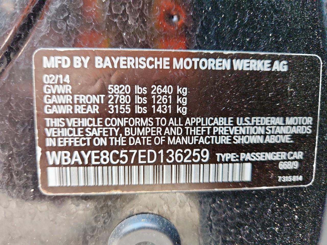 2014 BMW 750 Li VIN: WBAYE8C57ED136259 Lot: 70642425