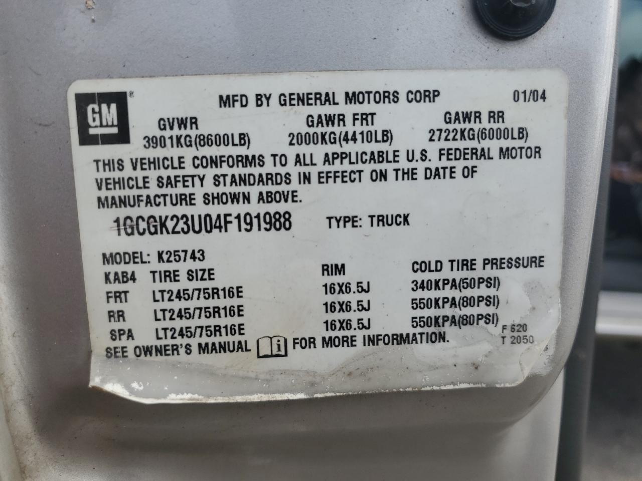 2004 Chevrolet Silverado K2500 VIN: 1GCGK23U04F191988 Lot: 68501975