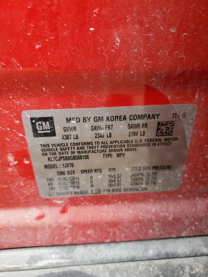 2016 Chevrolet Trax 1Lt VIN: KL7CJPSB8GB568106 Lot: 69653585