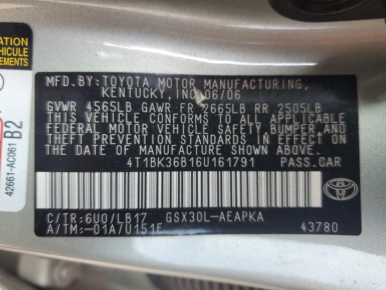 2006 Toyota Avalon Xl VIN: 4T1BK36B16U161791 Lot: 69766185