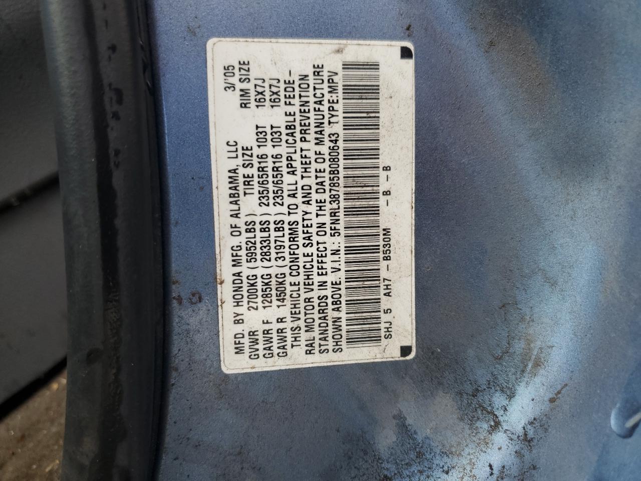 2005 Honda Odyssey Exl VIN: 5FNRL38785B080643 Lot: 70001395