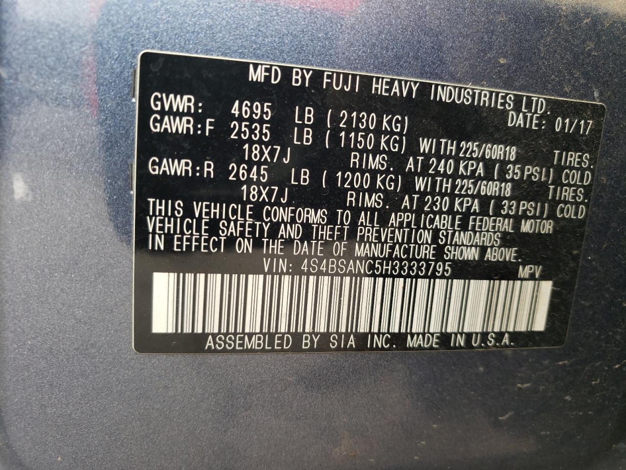 2017 Subaru Outback 2.5I Limited VIN: 4S4BSANC5H3333795 Lot: 67664015