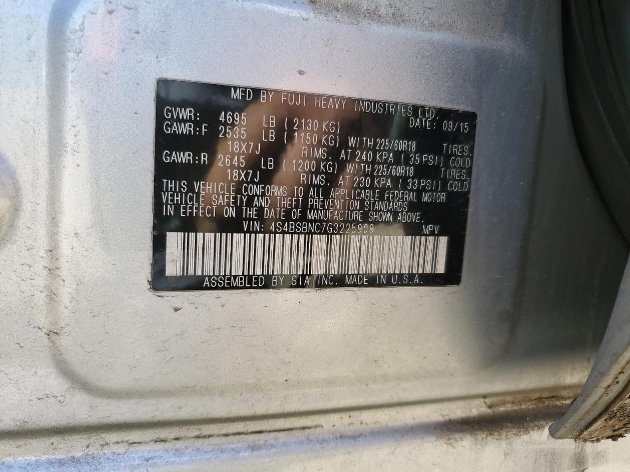 2016 Subaru Outback 2.5I Limited VIN: 4S4BSBNC7G3225909 Lot: 69918975