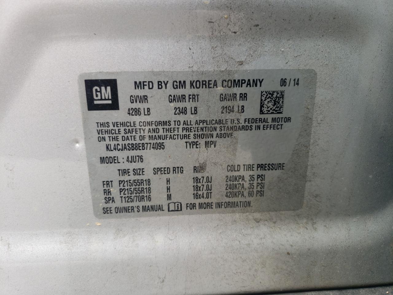 2014 Buick Encore VIN: KL4CJASB8EB774095 Lot: 68212215