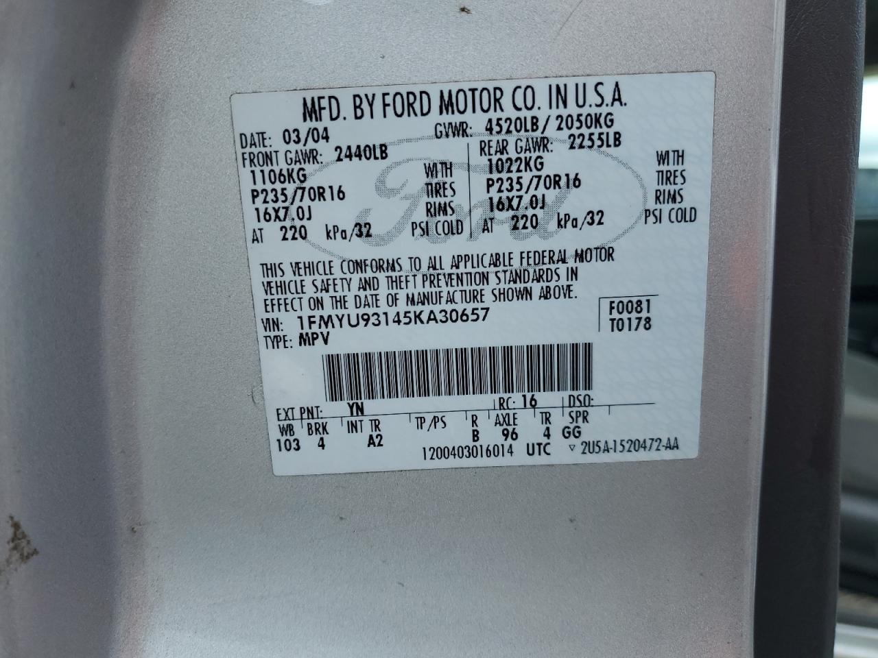 2005 Ford Escape Xlt VIN: 1FMYU93145KA30657 Lot: 68519375