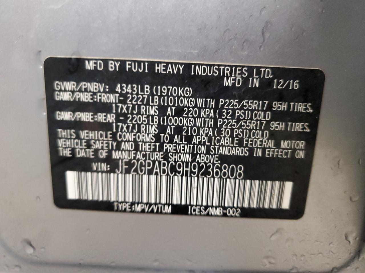 2017 Subaru Crosstrek Premium VIN: JF2GPABC9H9236808 Lot: 70009855