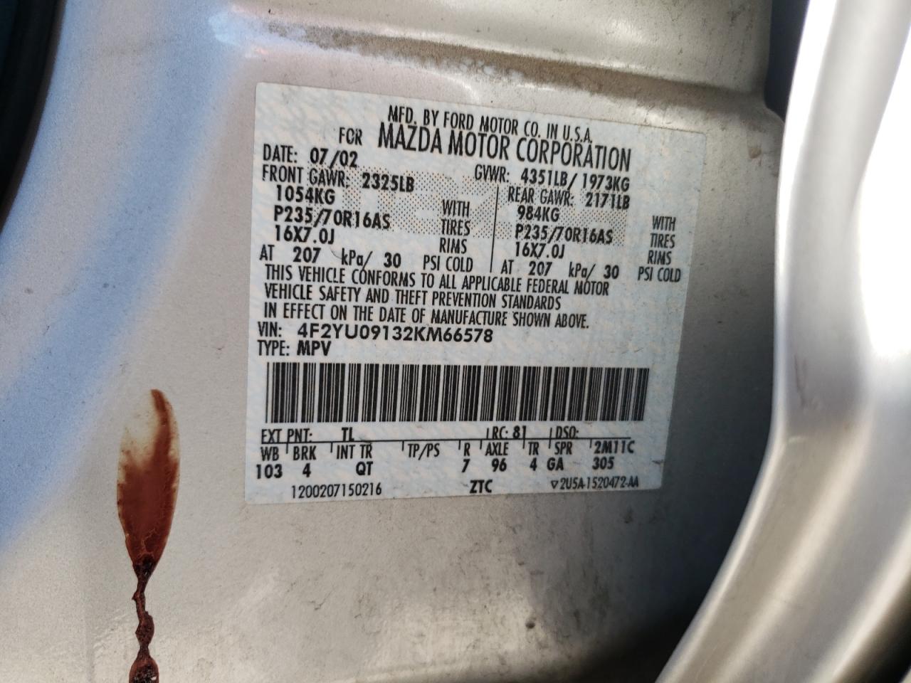 2002 Mazda Tribute Lx VIN: 4F2YU09132KM66578 Lot: 68048205