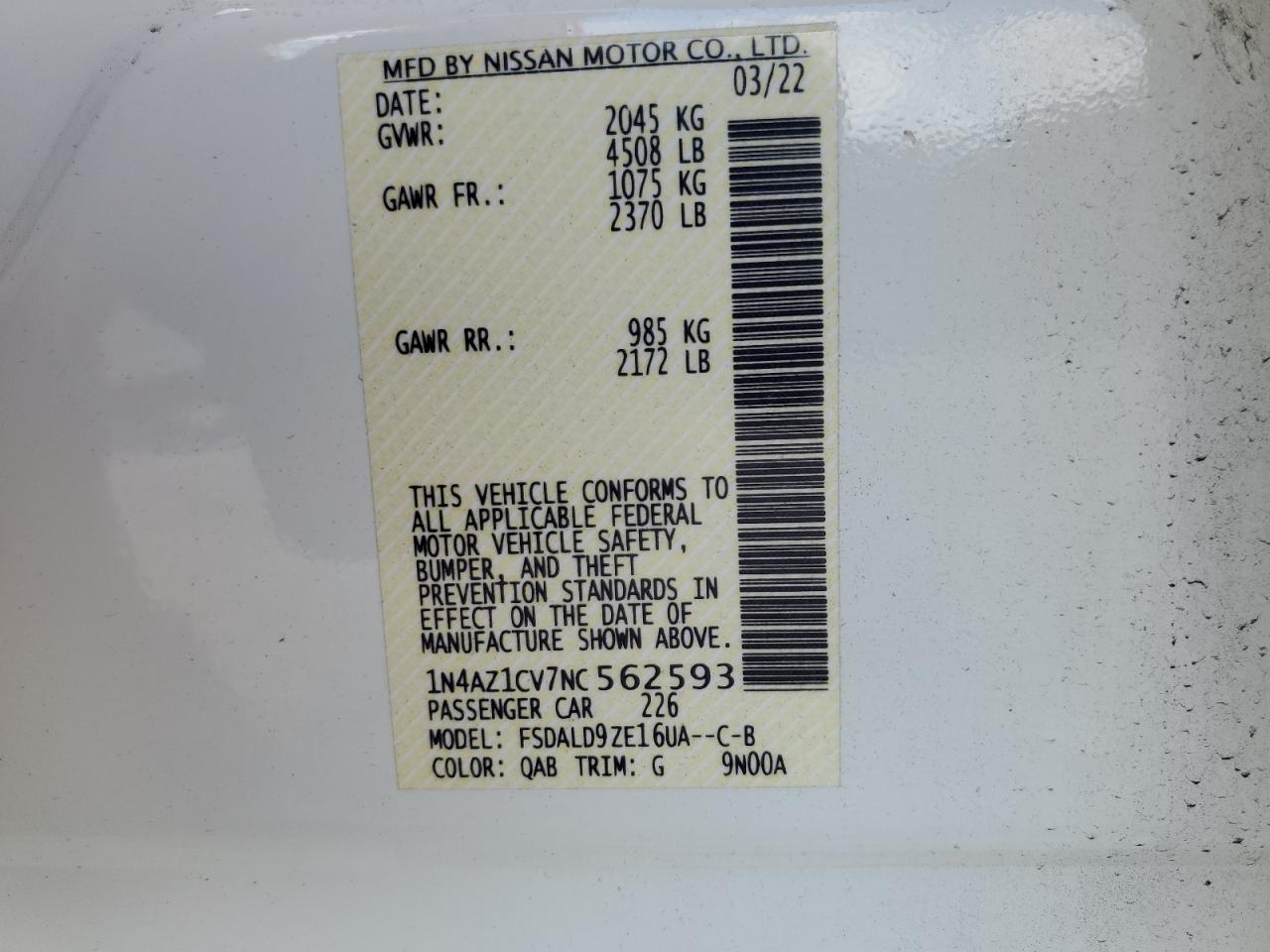 2022 Nissan Leaf Sv VIN: 1N4AZ1CV7NC562593 Lot: 67734335