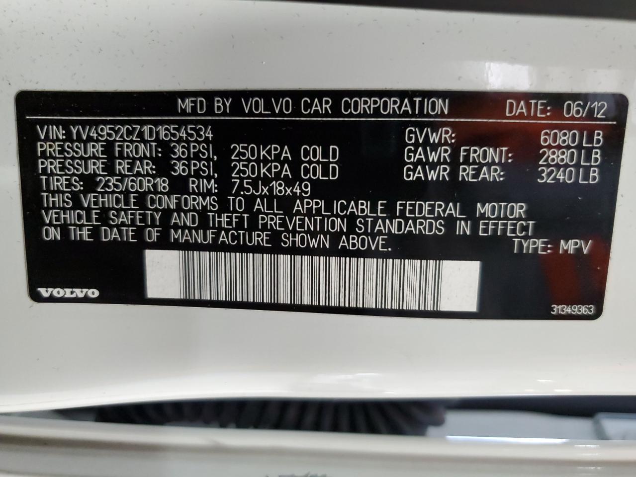 2013 Volvo Xc90 3.2 VIN: YV4952CZ1D1654534 Lot: 70363195