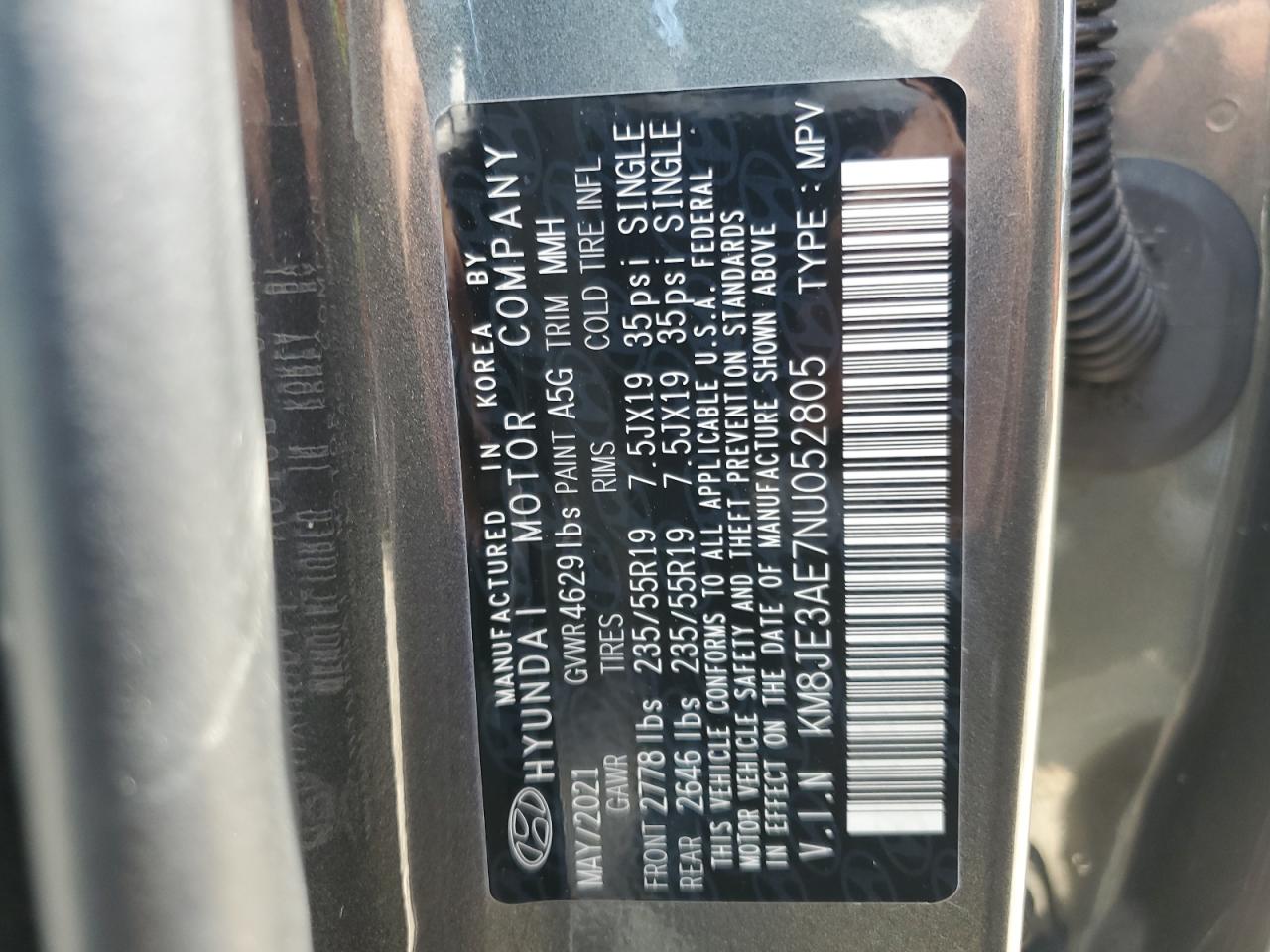 2022 Hyundai Tucson Limited VIN: KM8JE3AE7NU052805 Lot: 69637535