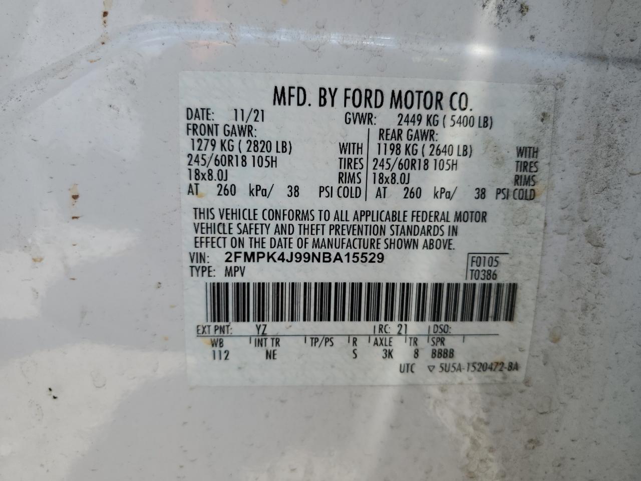 2022 Ford Edge Sel VIN: 2FMPK4J99NBA15529 Lot: 93962895