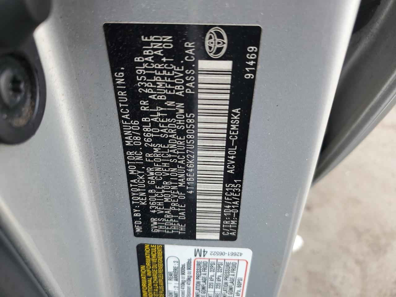 2007 Toyota Camry Ce VIN: 4T1BE46K27U580585 Lot: 70843265