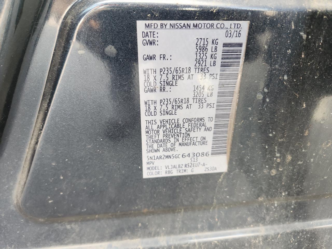 2016 Nissan Pathfinder S VIN: 5N1AR2MN5GC64308 Lot: 70183105