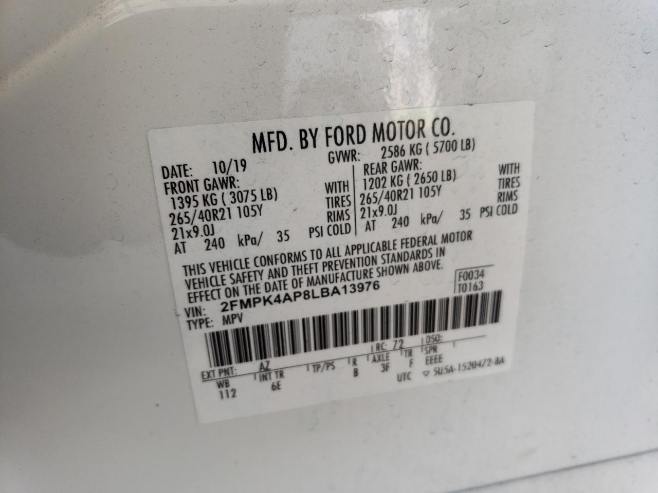 2020 Ford Edge St VIN: 2FMPK4AP8LBA13976 Lot: 68570735