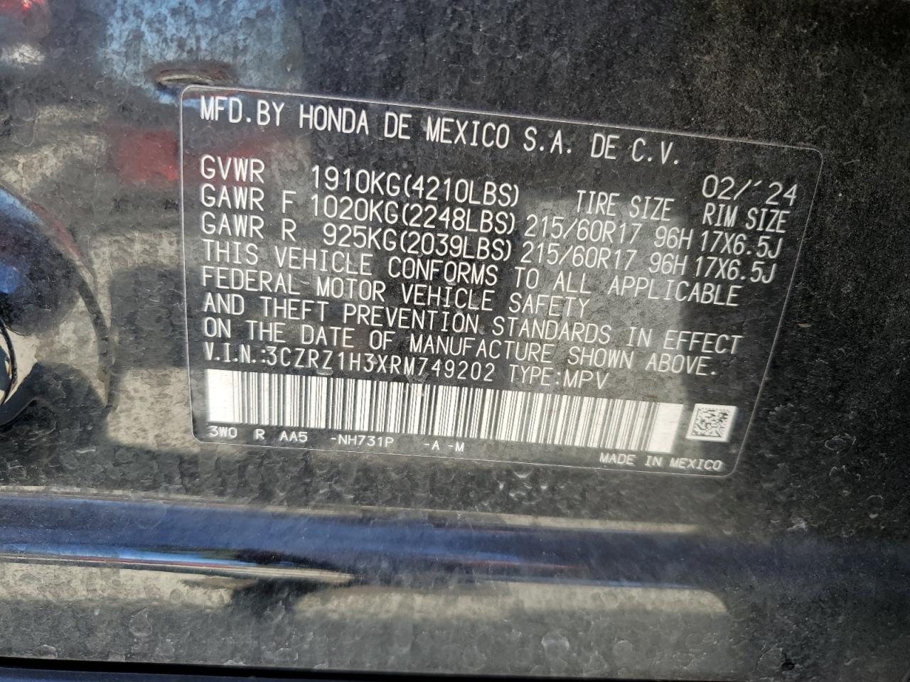 2024 Honda Hr-V Lx VIN: 3CZRZ1H3XRM749202 Lot: 70956995
