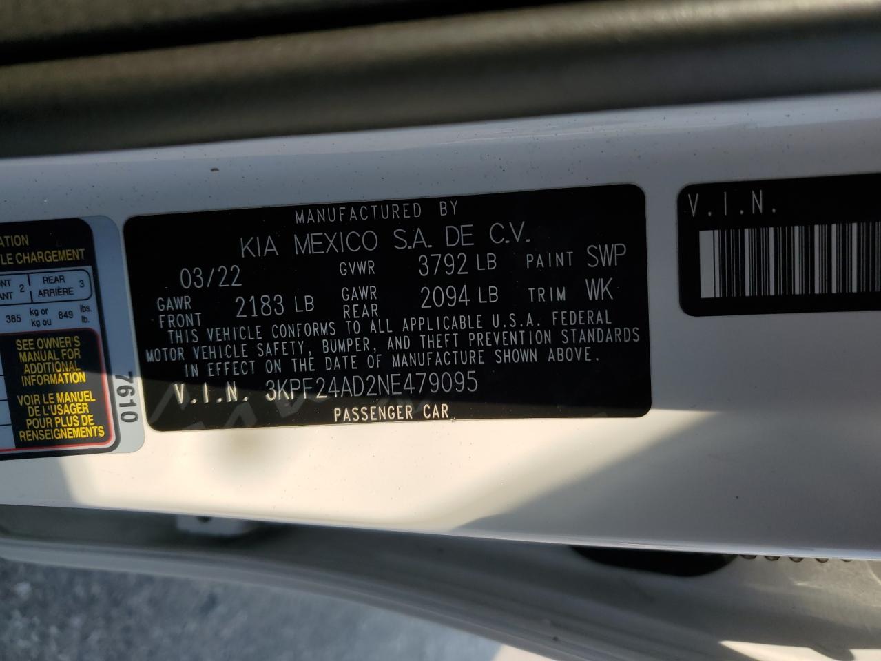 2022 Kia Forte Fe VIN: 3KPF24AD2NE479095 Lot: 67310635