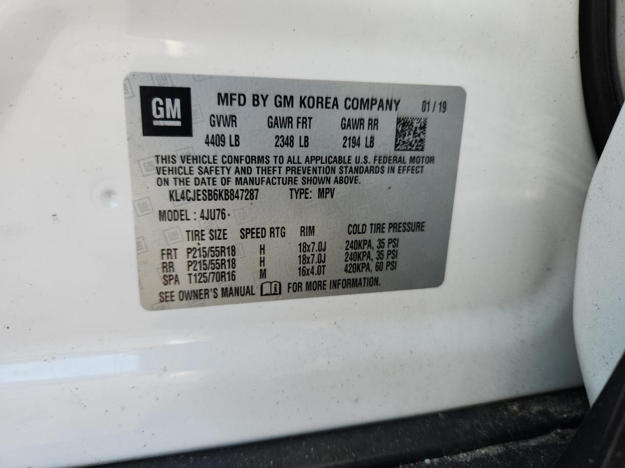 2019 Buick Encore Preferred VIN: KL4CJESB6KB847287 Lot: 67345185