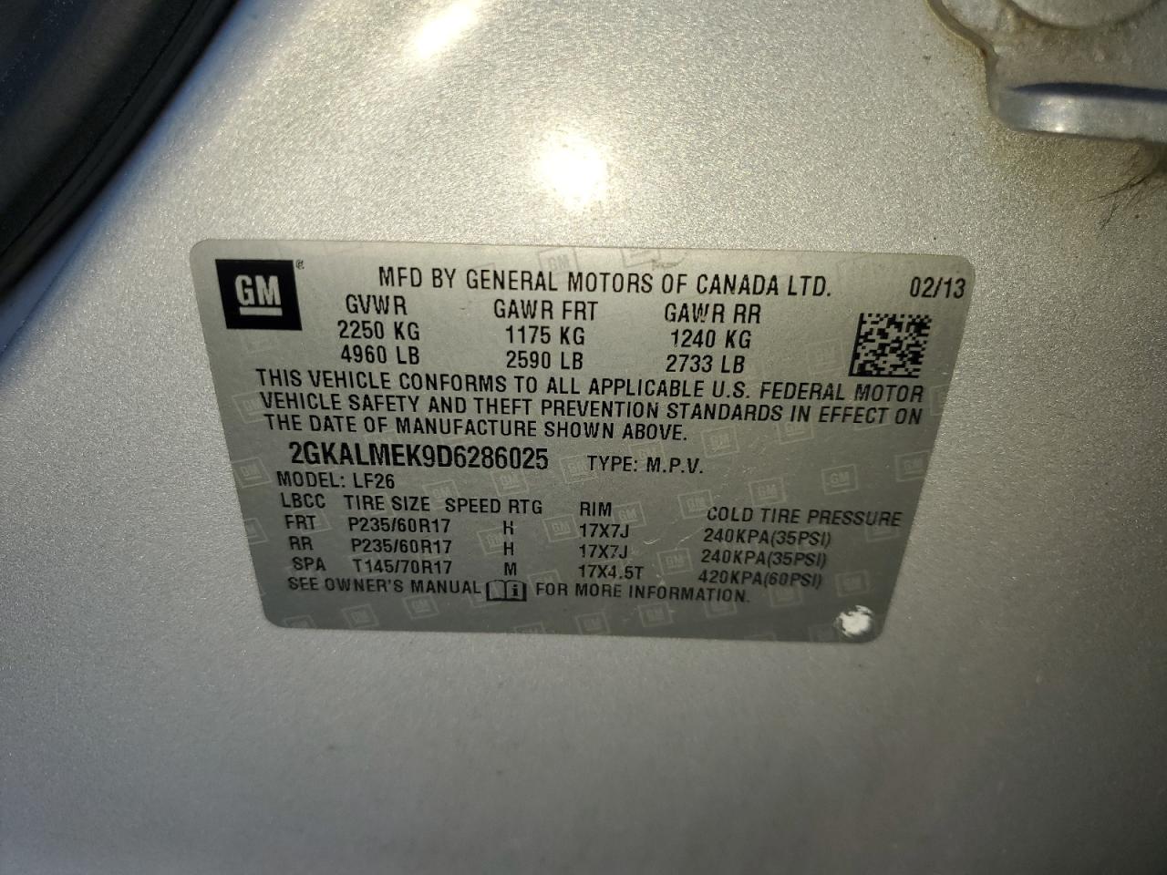 2013 GMC Terrain Sle VIN: 2GKALMEK9D6286025 Lot: 68021395